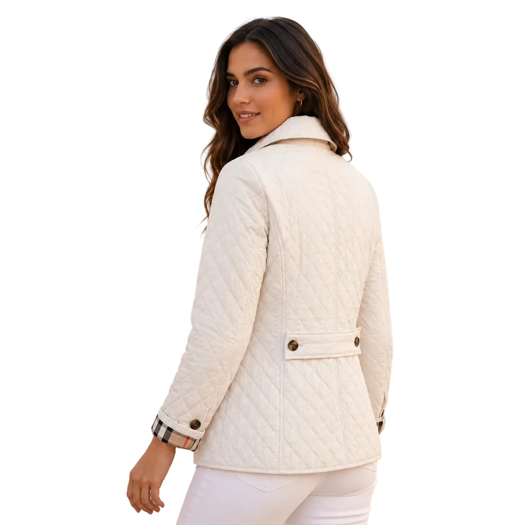 Slim-fit diamond quilted short jacket, front view — white