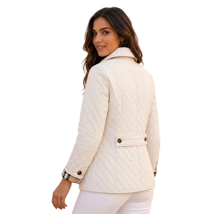 Slim-fit diamond quilted short jacket, front view — white