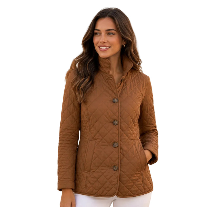 Slim-fit quilted short jacket with stand collar and buttons, front view — brown
