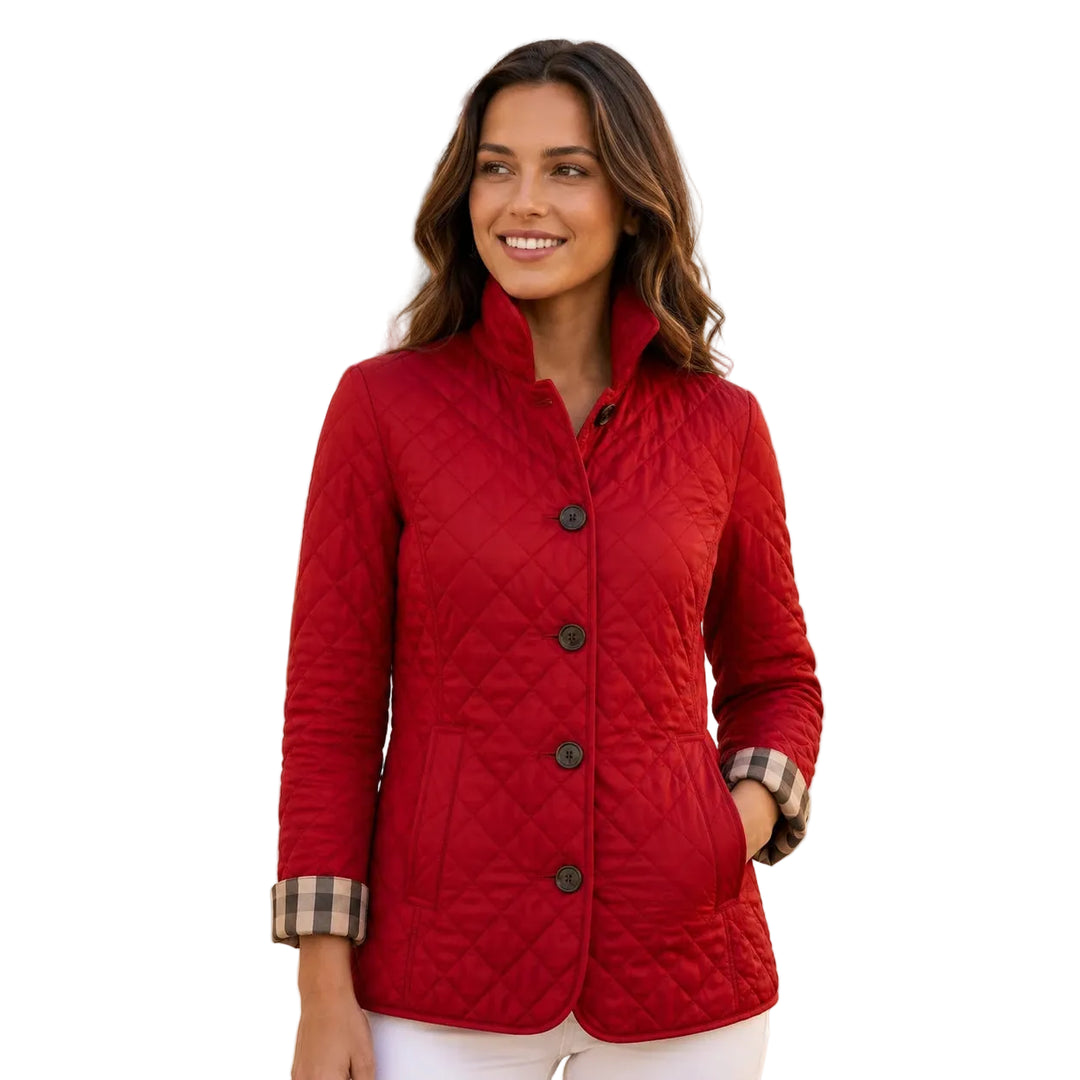 Slim-fit diamond quilted jacket with plaid cuff detail, front view — brown
