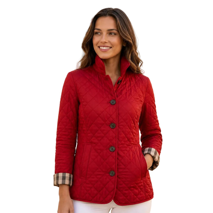 Slim-fit diamond quilted jacket with plaid cuff detail, front view — brown