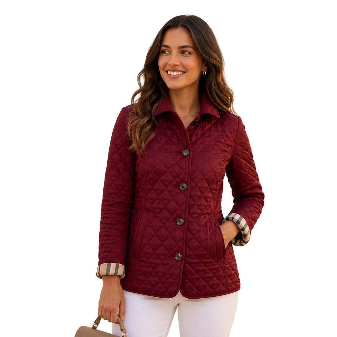 Slim-fit quilted short jacket with plaid cuff detail, front view — dark red