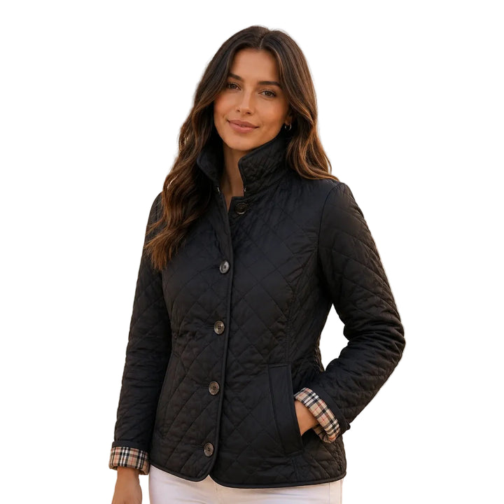 Slim-fit quilted short jacket with button front, front view — black