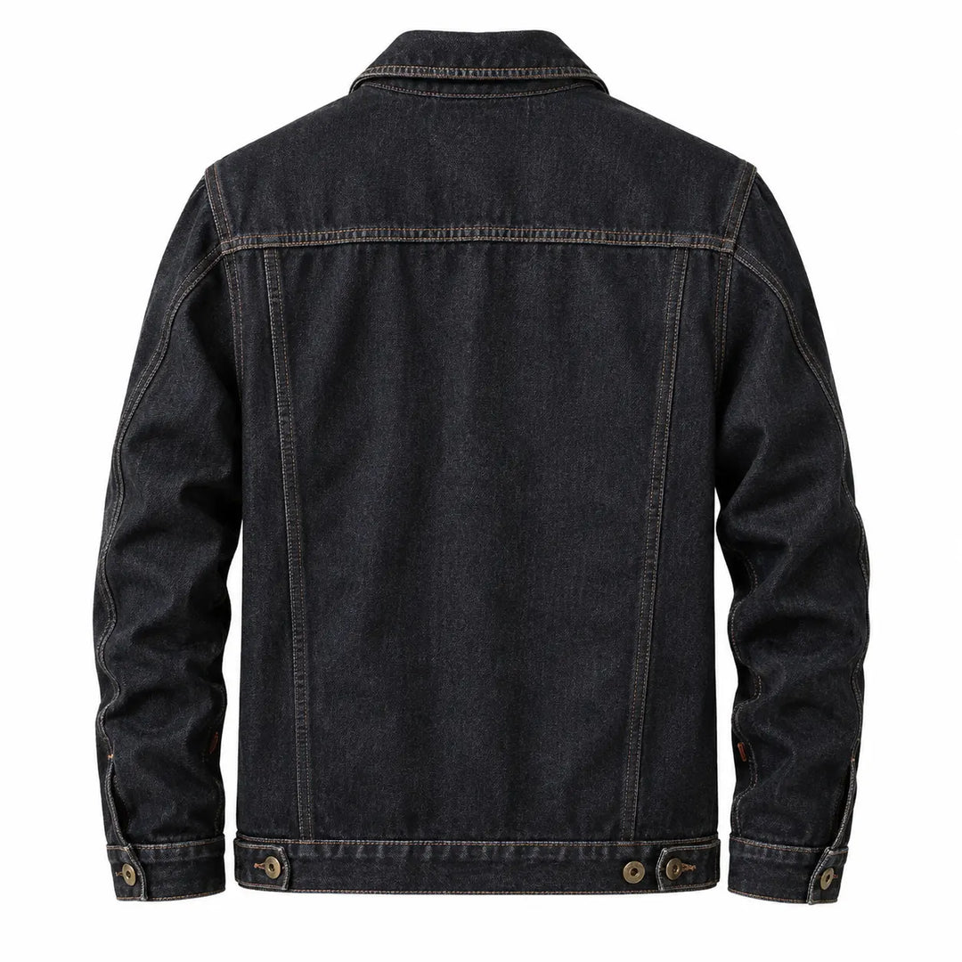 Sherpa lined denim trucker jacket flat lay, black colorway