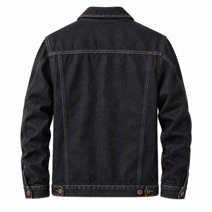 Sherpa lined denim trucker jacket flat lay, black colorway