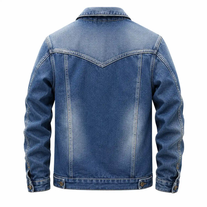 Men's sherpa denim jacket side view with contrast stitching