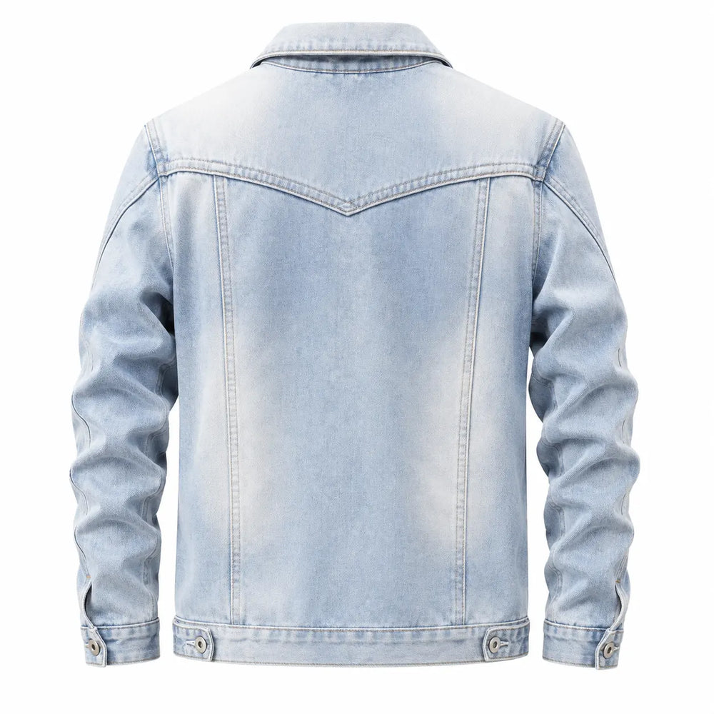 Men's denim trucker jacket with fleece lining, button closure front view