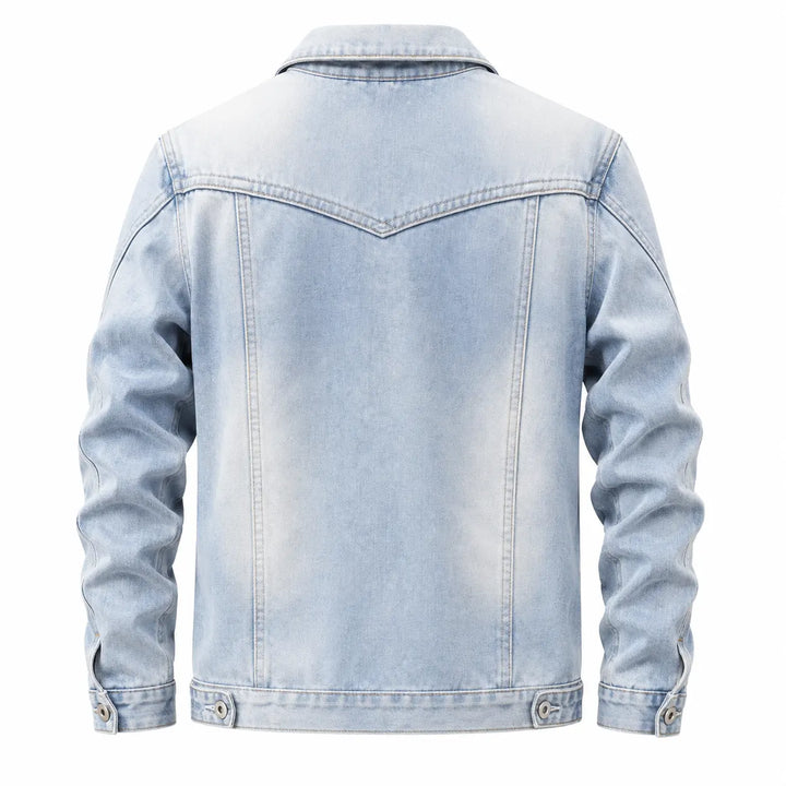 Men's denim trucker jacket with fleece lining, button closure front view