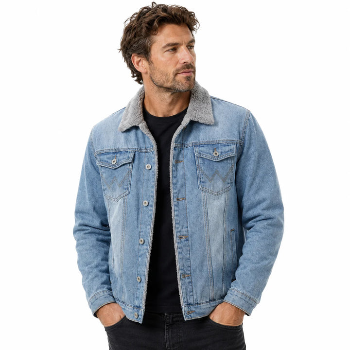 Slim-fit sherpa lined denim jacket front view, light blue washed denim