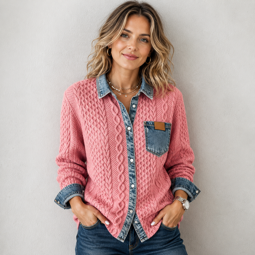 Cable knit shirt with denim collar and chest pocket, button front, front view