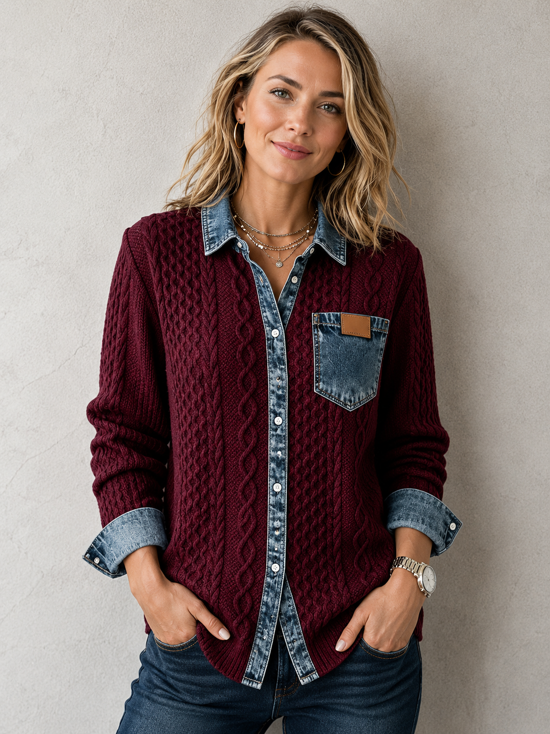Women's loose-fit cable knit shirt with denim collar, side view