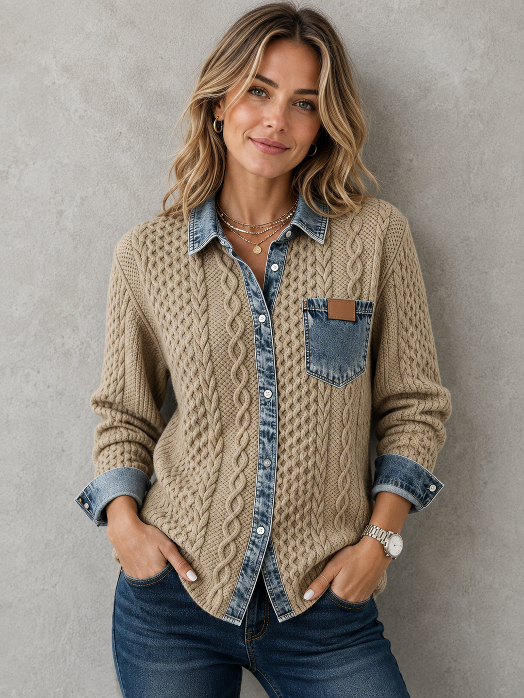 Casual cable knit patchwork shirt with button front and denim trim, front view