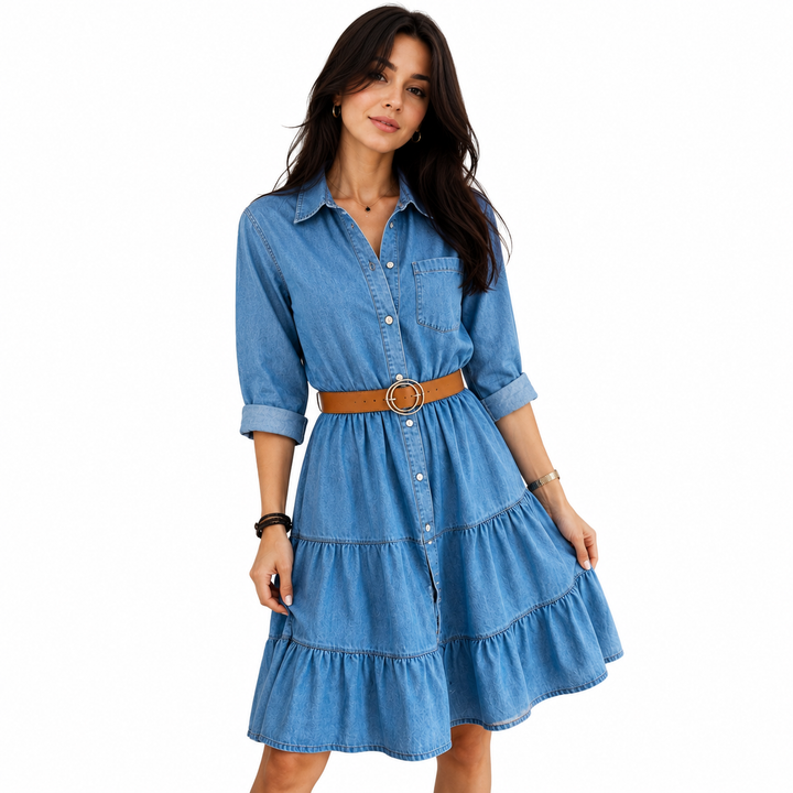 Women's denim midi dress, A-line with ruffle hem and self-tie belt, front view