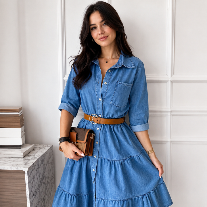 Women's denim midi dress side view showing ruffle hem and cinched waist with belt