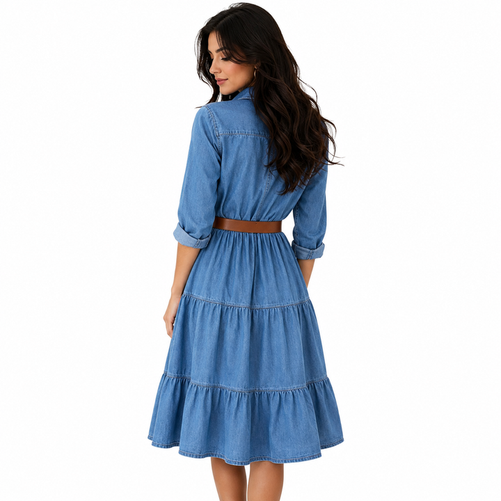 Women's denim midi dress back view, A-line silhouette with ruffle hem