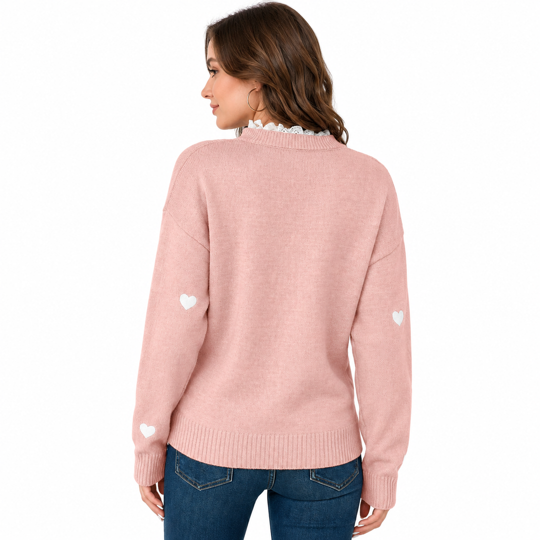 Women's heart print pullover sweater, scalloped V-neck, long sleeve