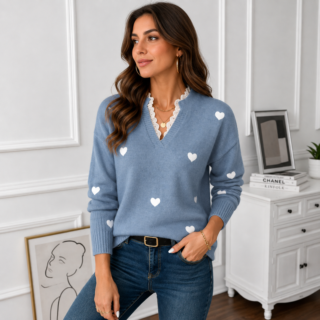 Women's heart print knit sweater, scalloped V-neck, blue colorway