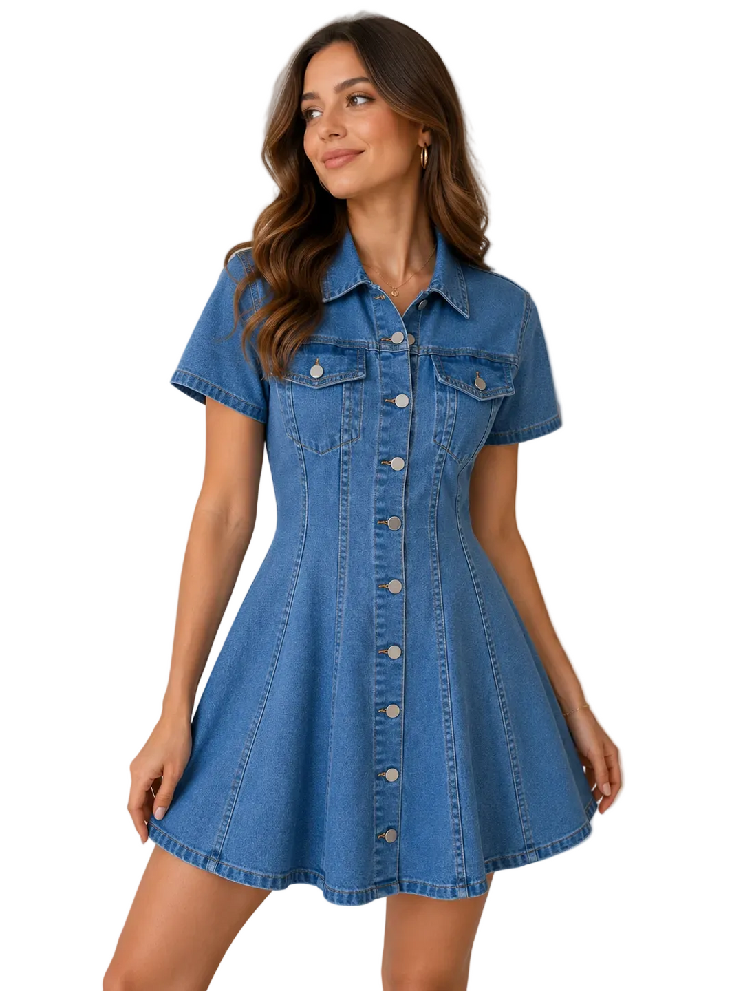 Women's denim A-line dress, button front, short sleeve, front view