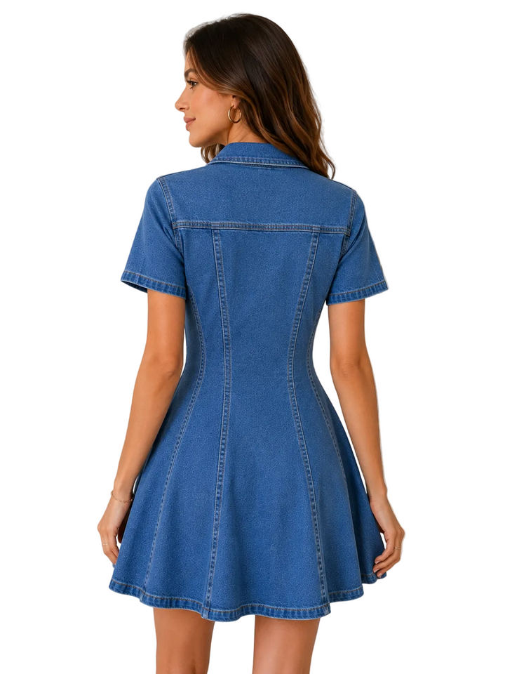 Denim dress chest pockets and button placket close-up