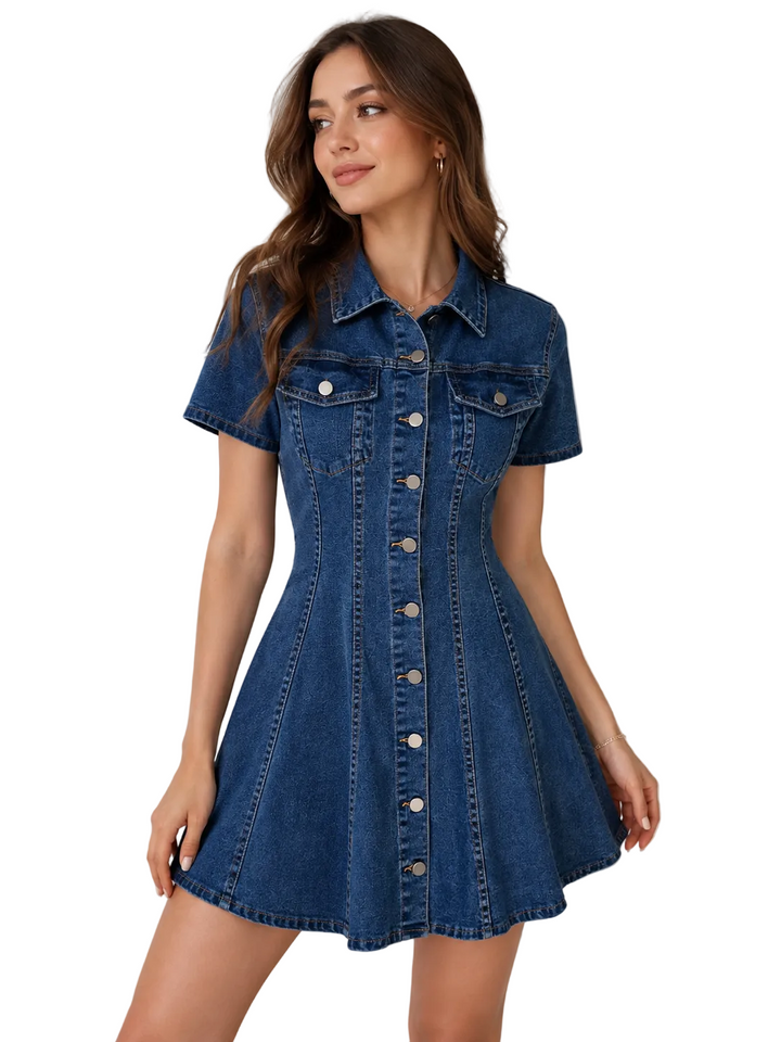 Women's denim A-line dress, side view showing flared skirt and cinched waist