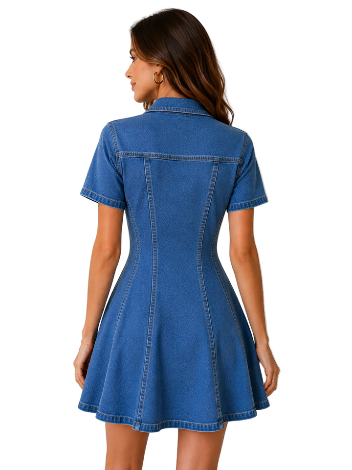Women's collared denim dress, back view