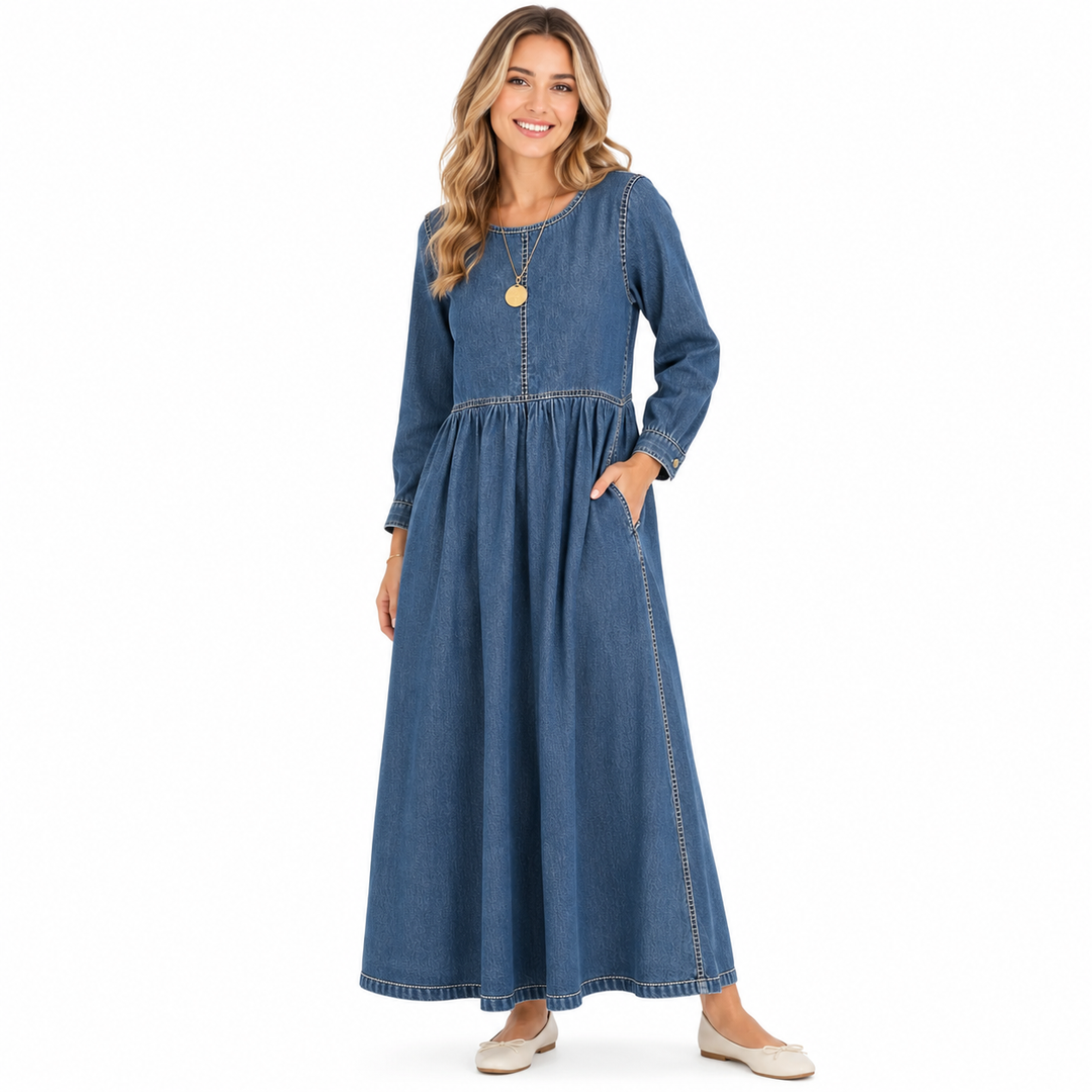 Women's denim maxi dress blue A-line long sleeve round neck, front view
