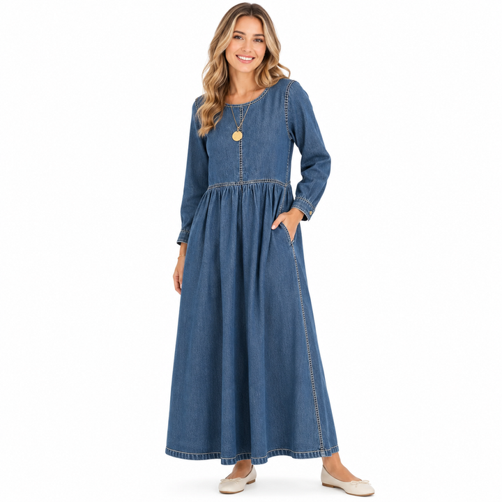 Women's denim maxi dress blue A-line long sleeve round neck, front view