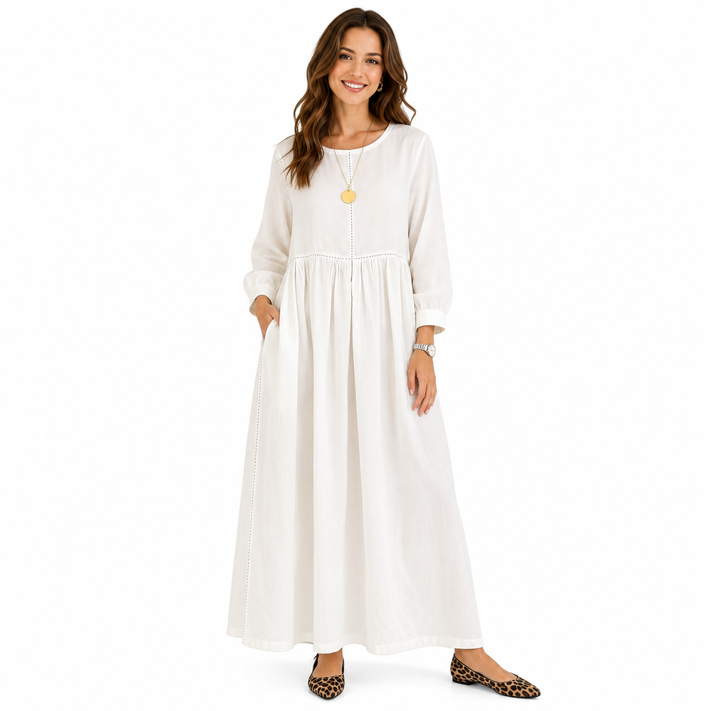Women's denim maxi dress white A-line long sleeve, front view
