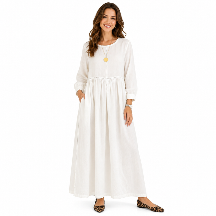 Women's denim maxi dress white A-line long sleeve, front view