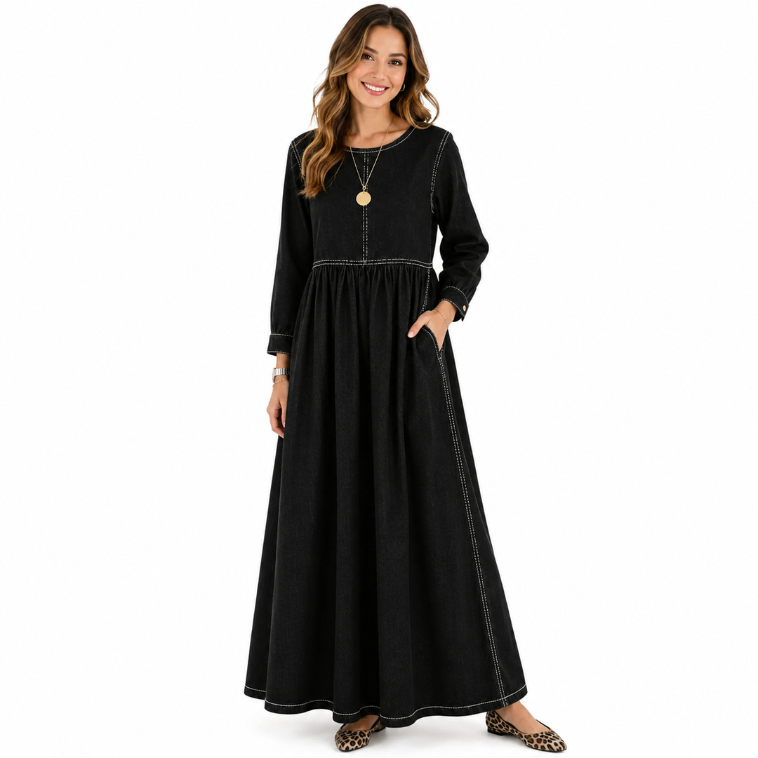 Women's denim maxi dress black A-line long sleeve, front view