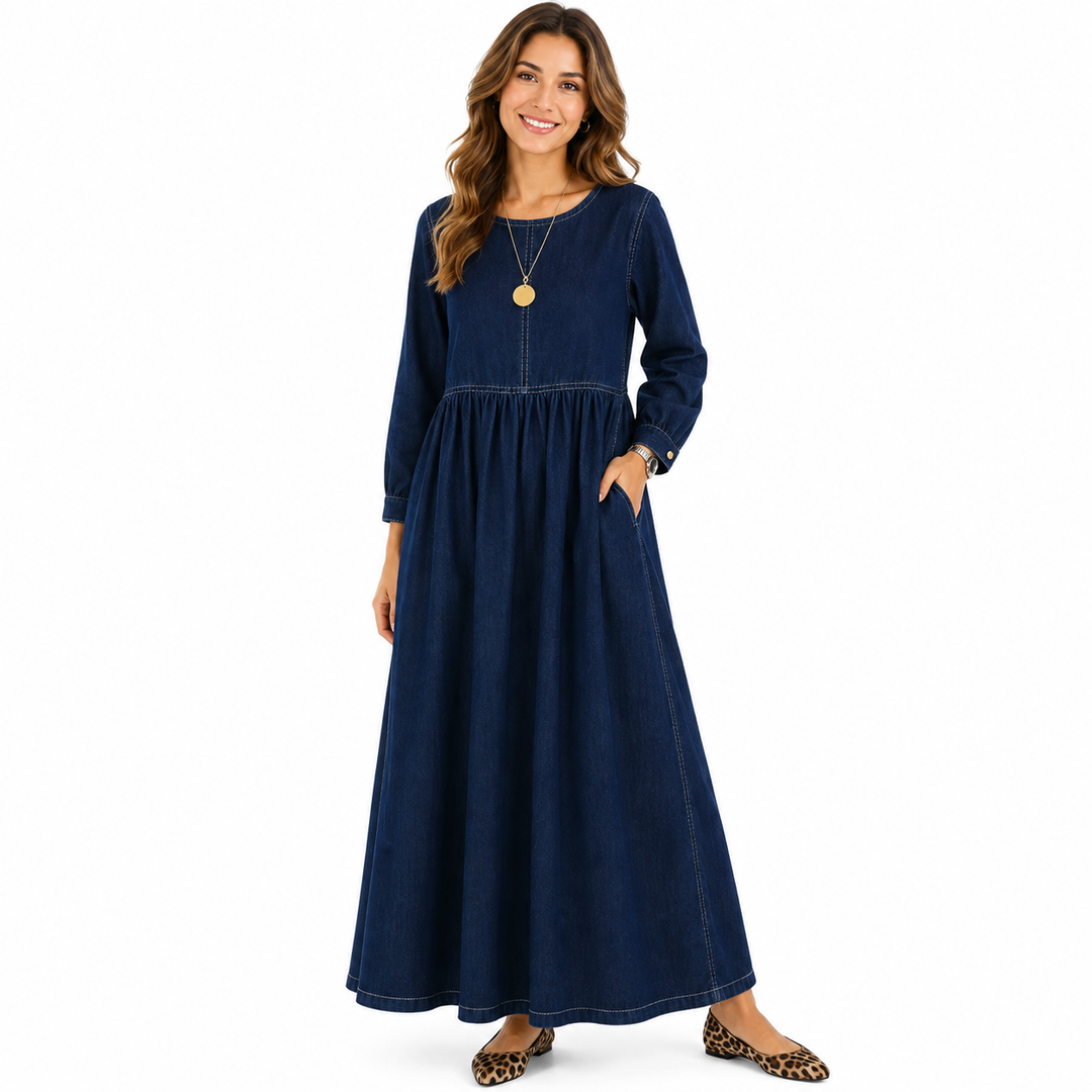 Women's denim maxi dress navy A-line long sleeve, front view