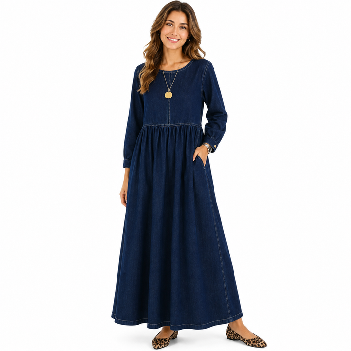 Women's denim maxi dress navy A-line long sleeve, front view