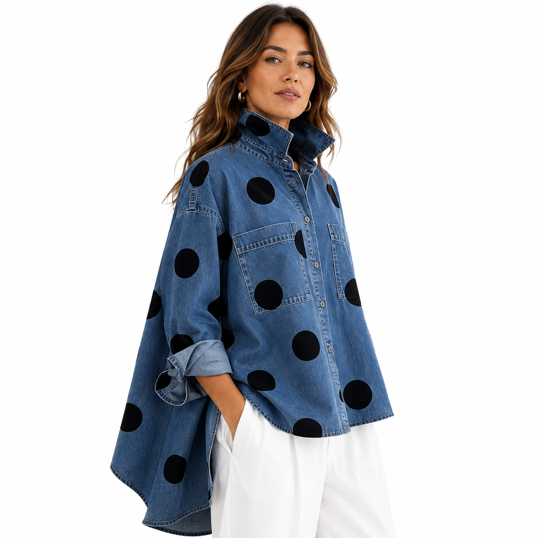 Women's polka dot button-up shirt with spread collar and chest pockets, front view