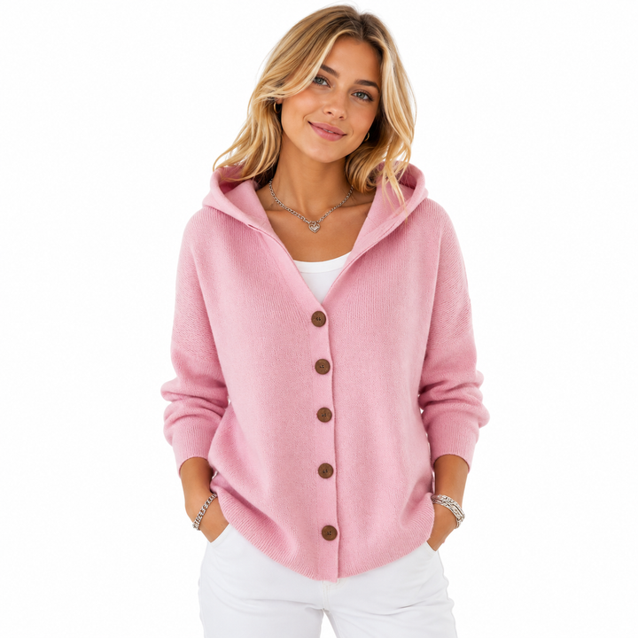 Relaxed hooded cardigan with full button-down front and ribbed hem, front view