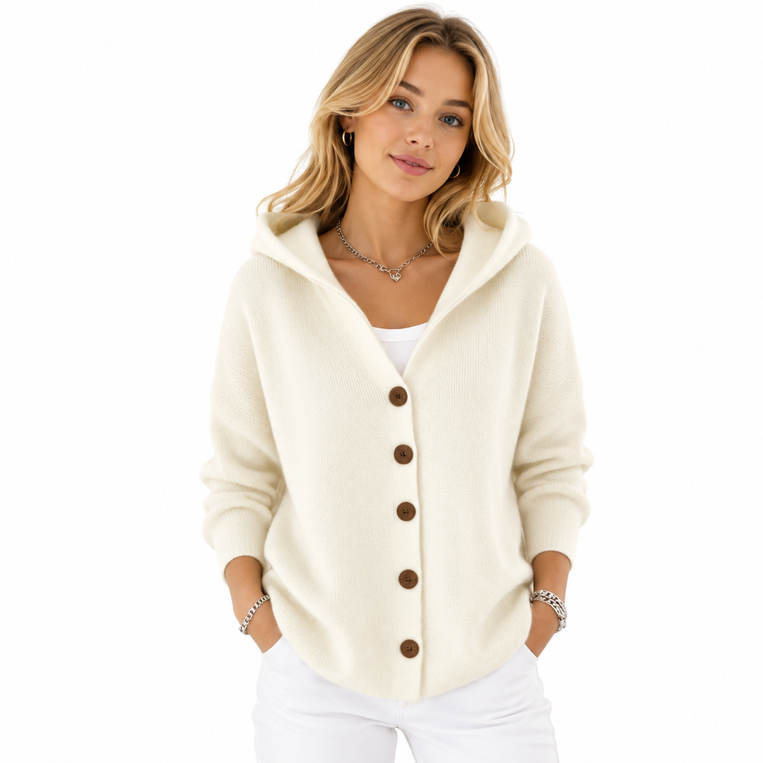 Women's hooded cardigan with long sleeves and relaxed silhouette, back view