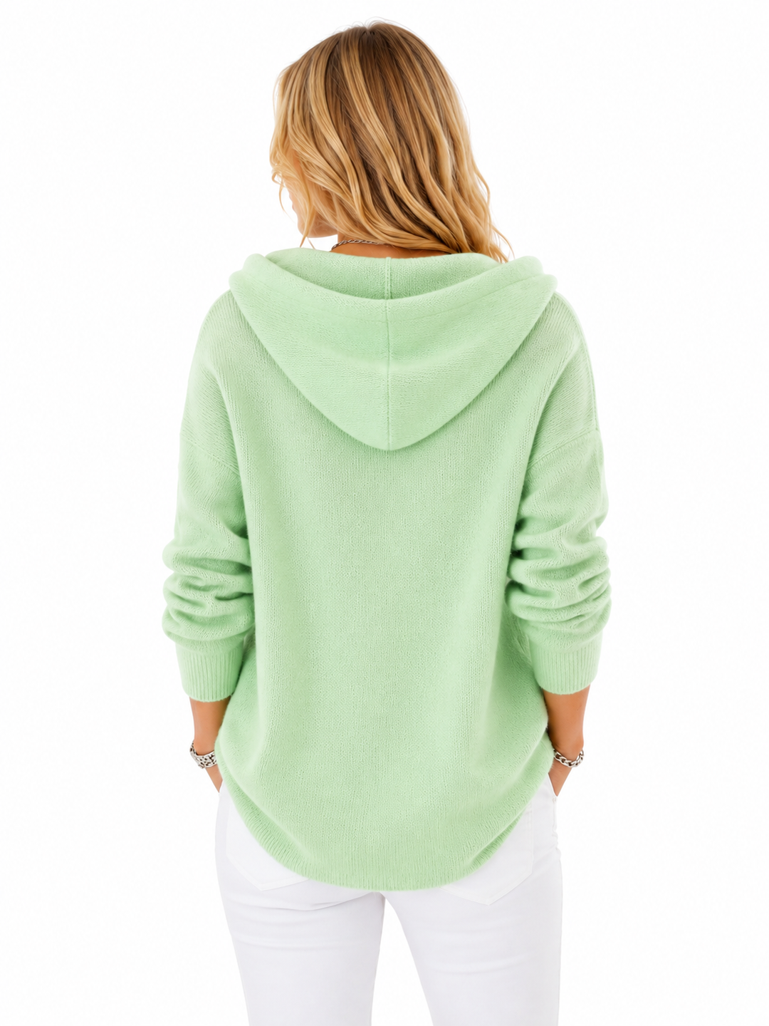 Women's loose-fit hooded cardigan with wood-tone buttons, side view