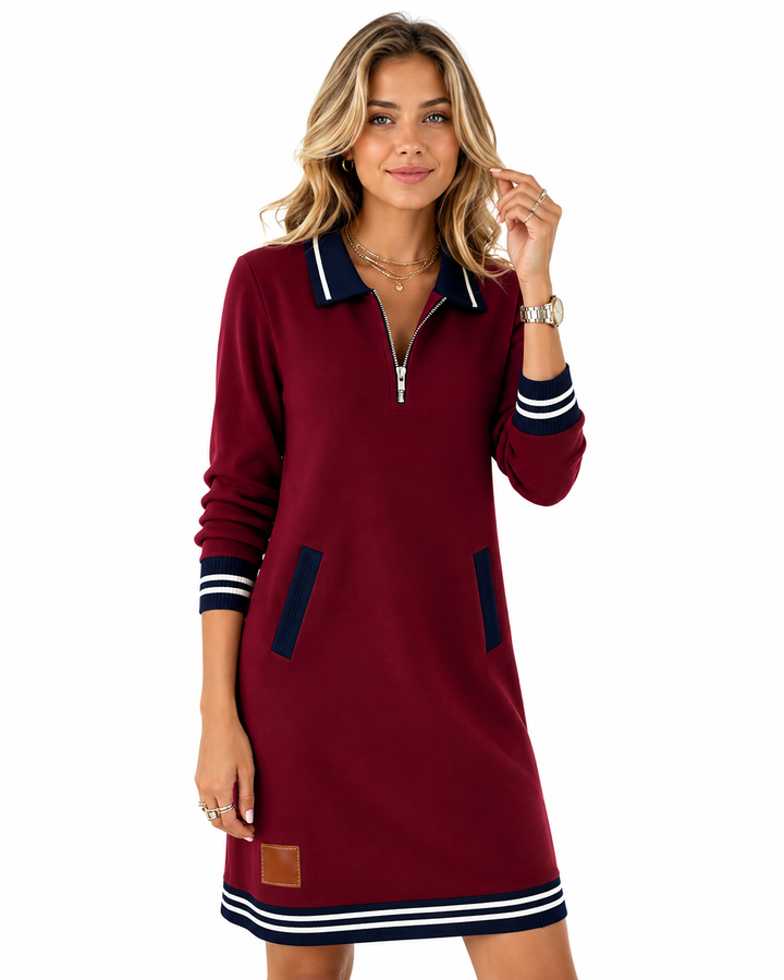 Women's red sweatshirt dress with zip collar and striped cuffs, front view