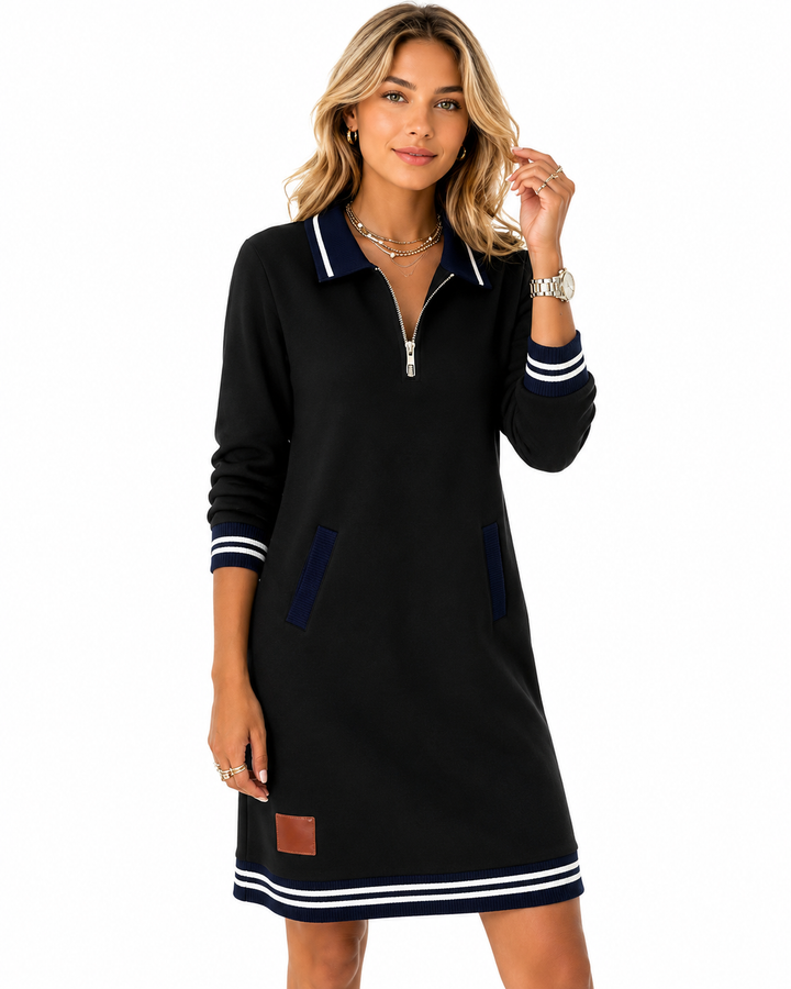 Women's black sweatshirt dress with zip collar and striped cuffs, front model view