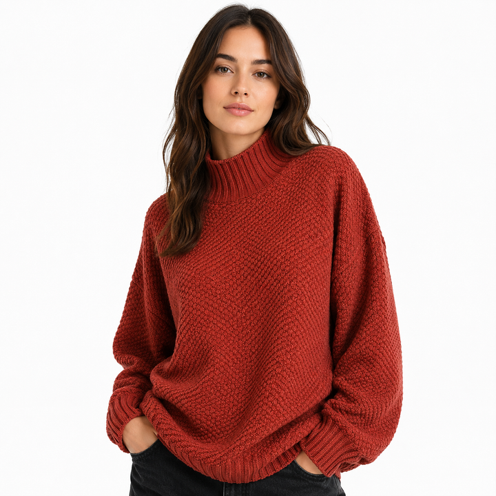 Oversized chunky knit sweater with mock neck, front view