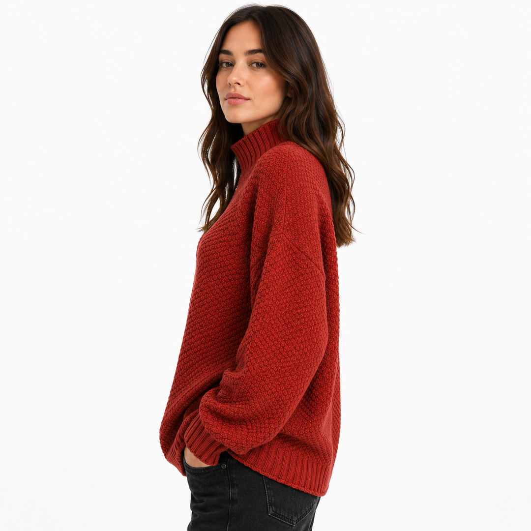 Women's textured knit pullover sweater, front model view