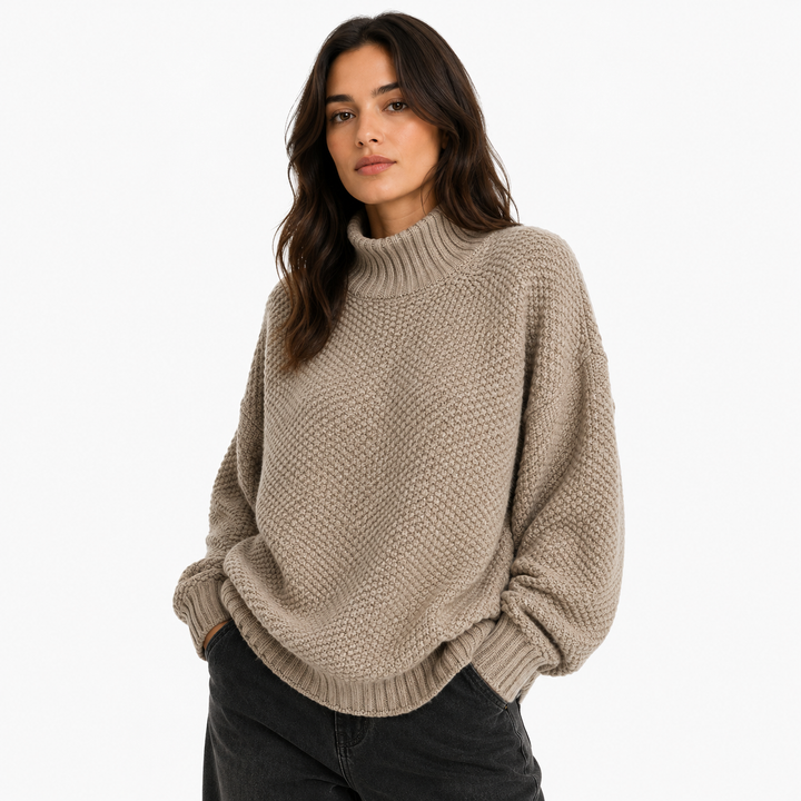 Relaxed-fit bobble knit sweater, long sleeve with mock neck
