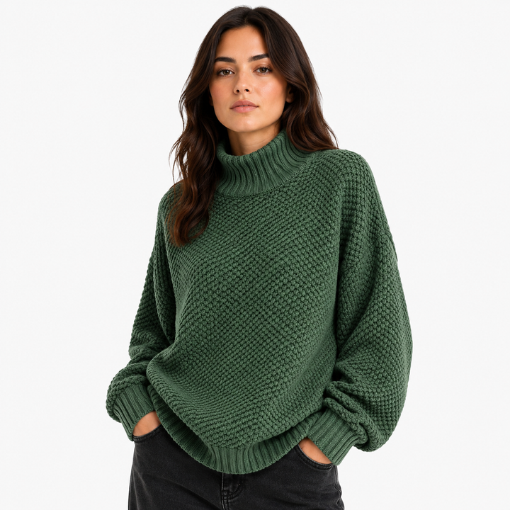 Close-up of chunky 3D bobble knit texture on sweater