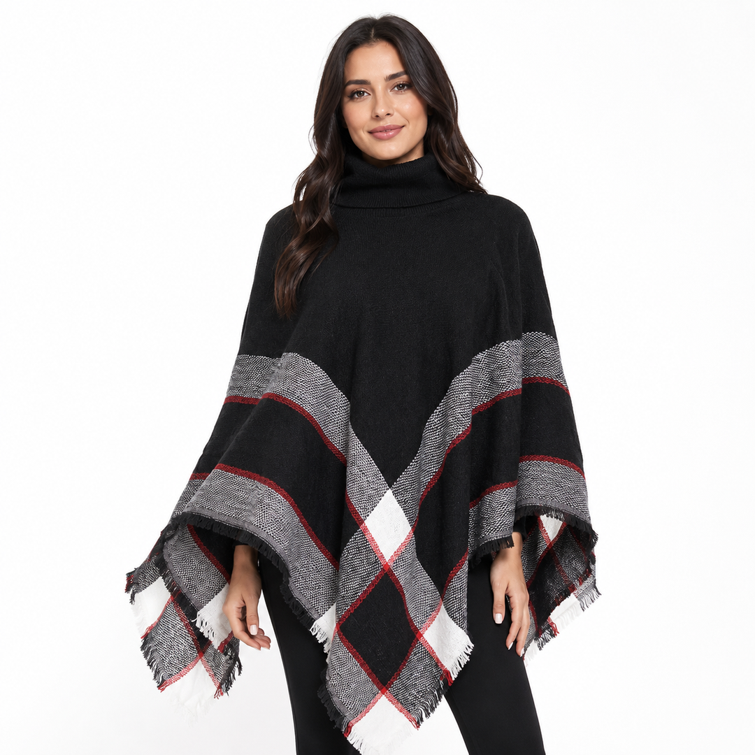 Women's turtleneck poncho cape black plaid tassel fringe front view