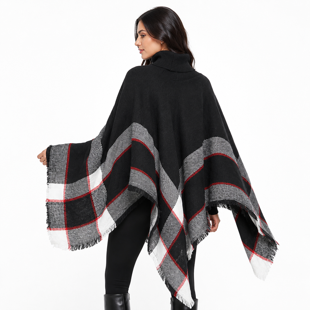 Women's turtleneck poncho cape black plaid fringe side view