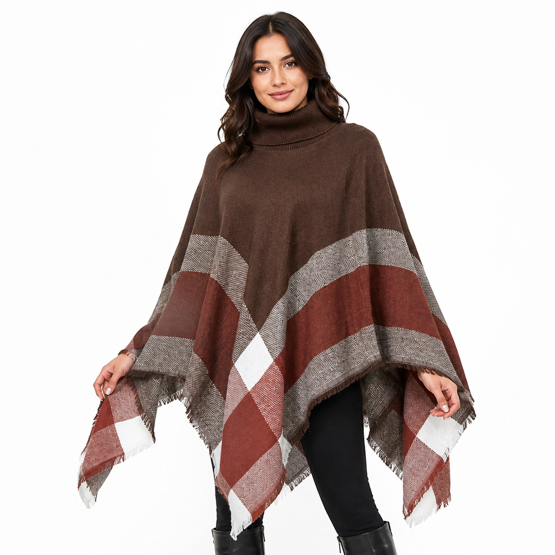 Women's turtleneck poncho cape black plaid tassel back view