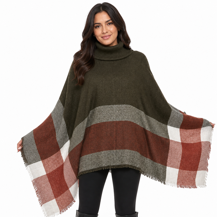 Women's turtleneck poncho cape black plaid flat lay full length