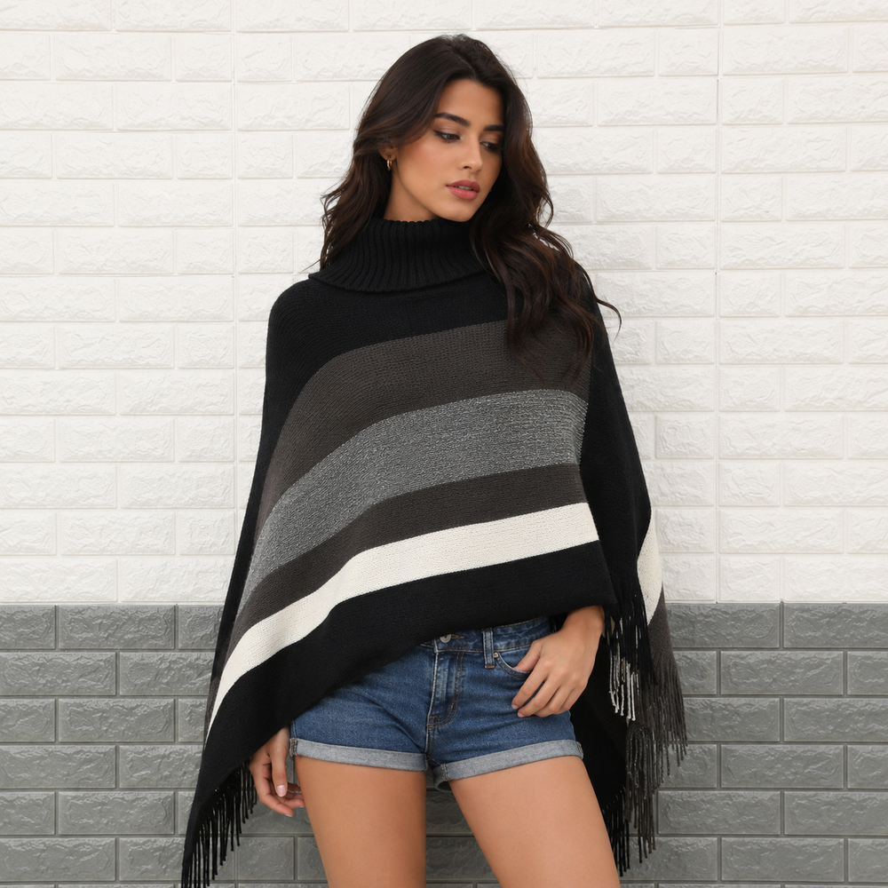 Striped fringe tassel poncho sweater side view