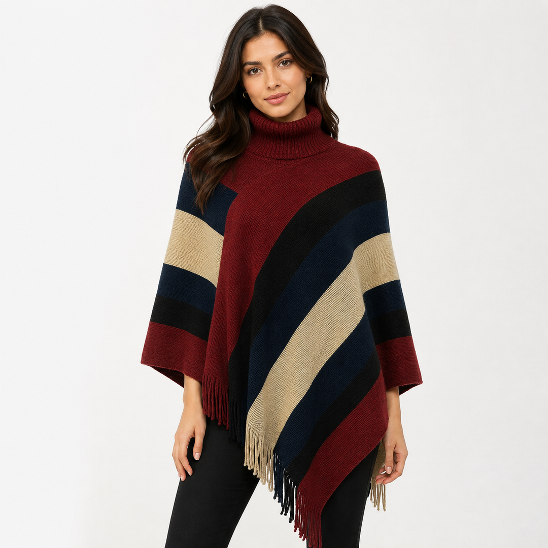 Striped poncho sweater irregular asymmetric hem, back view