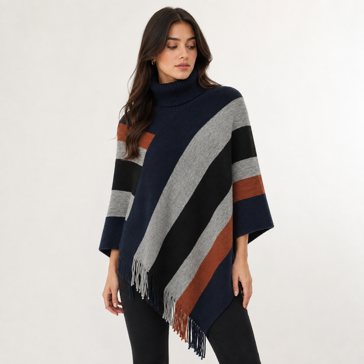 Close-up of ribbed turtleneck and fringe tassel trim detail