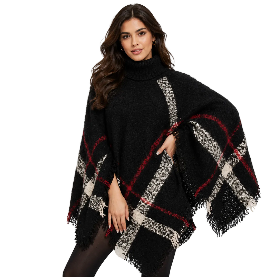 Plaid poncho cape with turtleneck and fringe trim, front view